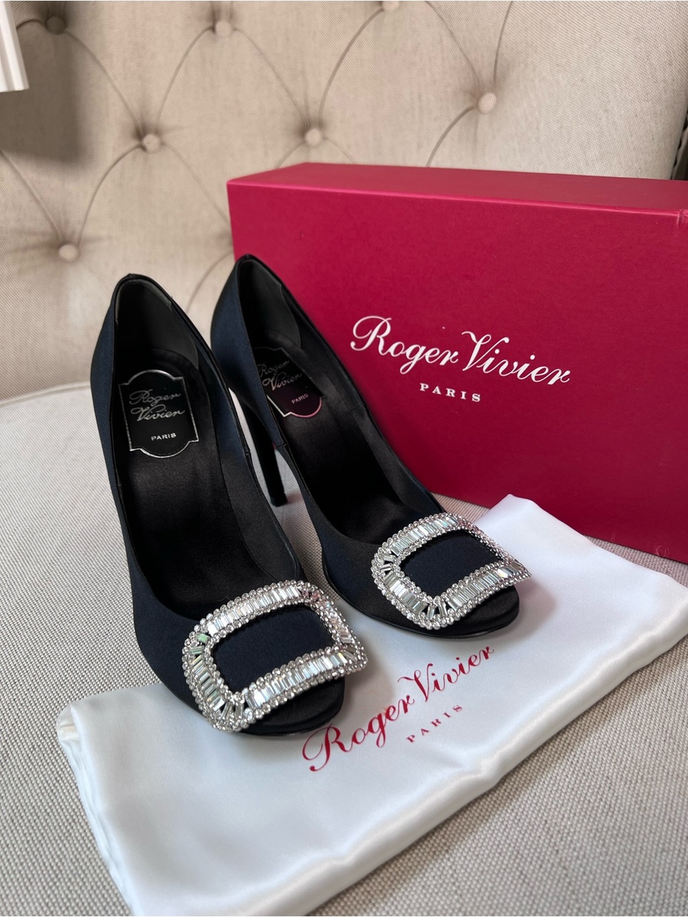 Roger Vivier Black Satin Belle Crystal Buckle Pumps